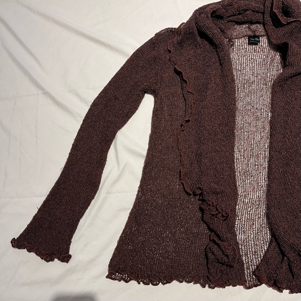 SOLD | Van Klee Deep Maroon Mesh/Crochet Wavy Hem Cardigan Sweater